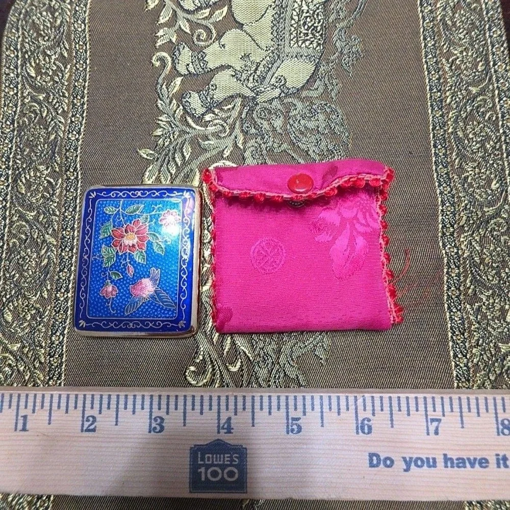 Cloisonne Enamel Blue Hummingbird Floral Pocket Mirror Small Pink Silk Pouch